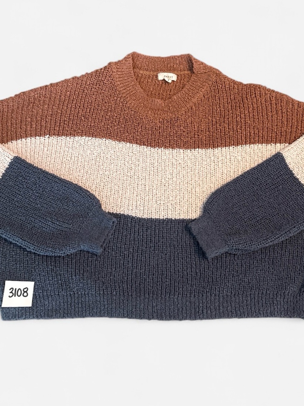 debut Three-Tone Colorblock Crewneck Sweater — Rust, Cream & Navy